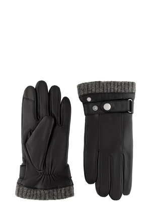 Black leather gloves with a ribbed gray knit cuff, featuring a sleek design, soft texture, and decorative silver hardware accents.