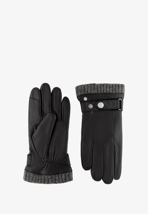 Schwarze Lederhandschuhe mit einem gerippten, grauen Strickbündchen, die ein elegantes Design, eine weiche Textur und dekorative silberne Hardware-Details aufweisen.