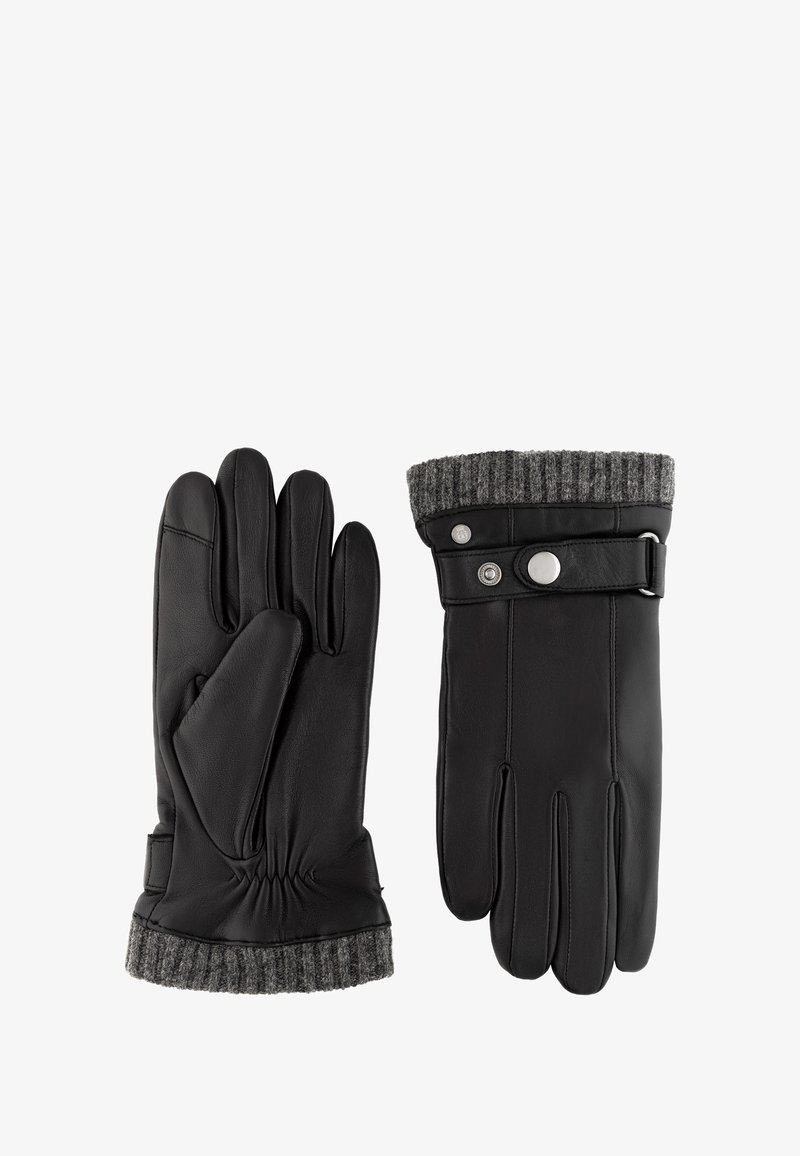 Schwarze Lederhandschuhe mit einem gerippten, grauen Strickbündchen, die ein elegantes Design, eine weiche Textur und dekorative silberne Hardware-Details aufweisen.