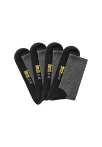 Fünf Paare graue Socken mit schwarzen Bündchen, die über eine gerippte Textur und ein gedrucktes gelbes "Bench"-Logo nahe der Oberkante verfügen.
