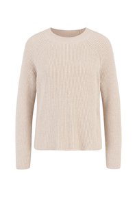 Vaalean beige neulepaita, jossa on ribbitekstuuria, pyöreä pääntie ja pitkät raglanhihojat. Klassinen, rento istuvuus.