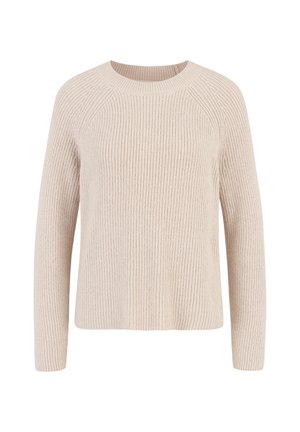 Maglione lavorato a maglia color beige chiaro con texture a coste, scollatura rotonda e maniche lunghe a raglan. Design classico e dalla vestibilità morbida.
