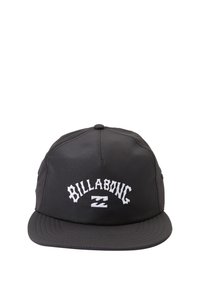 Zwarte Billabong-cap met platte klep en wit geborduurd logo in het midden van het voorpaneel.