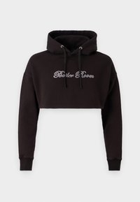 Black cropped hoodie with a hood and drawstrings. Features embroidered "Boiler Room" text in silver rhinestones on the front.