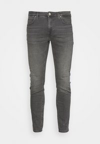 Jeans ajustados de color gris oscuro fabricados en denim, con cierre de botón y diseño de cinco bolsillos. La tela tiene una textura ligeramente desgastada.