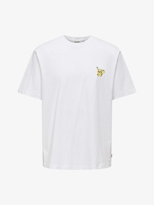 White short-sleeve T-shirt with small yellow Pikachu graphic on the left chest and round neckline.