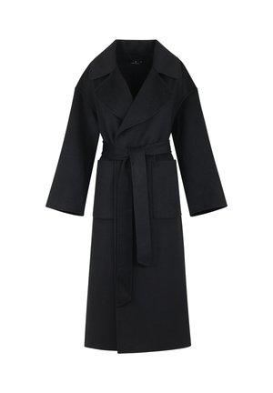 Svart ullblandings innpakningsfrakk med spiss krage, brede ermer, belte i midjen og to frontlommer. Glatt tekstur og knelengde design.