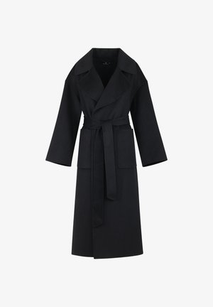 Svart ullblandings innpakningsfrakk med spiss krage, brede ermer, belte i midjen og to frontlommer. Glatt tekstur og knelengde design.