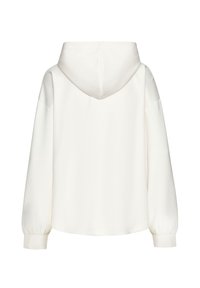 Leichter, cremefarbener Hoodie mit weicher Textur, der eine Kordelzugkapuze, überschnittene Schultern und elastische Bündchen aufweist.