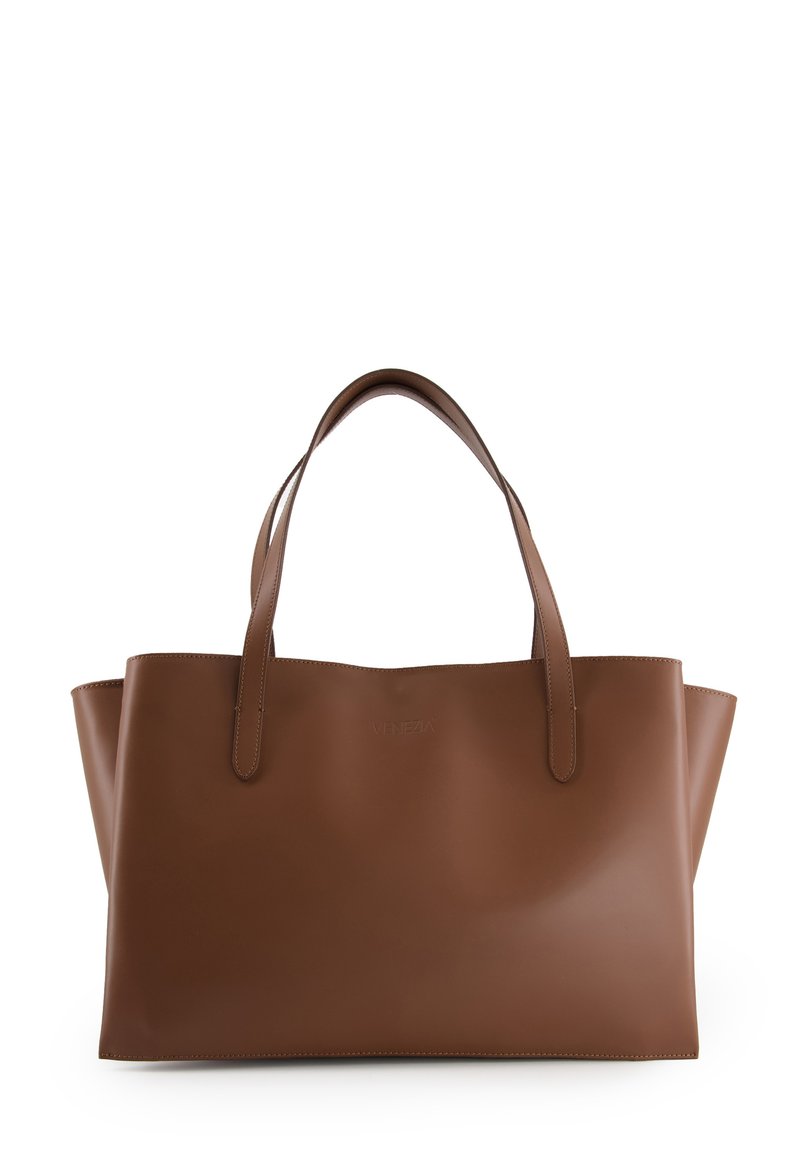 Brown leather tote bag with two sturdy handles, a smooth texture, and a rectangular shape. Features embossed "VENEZIA" logo on front.