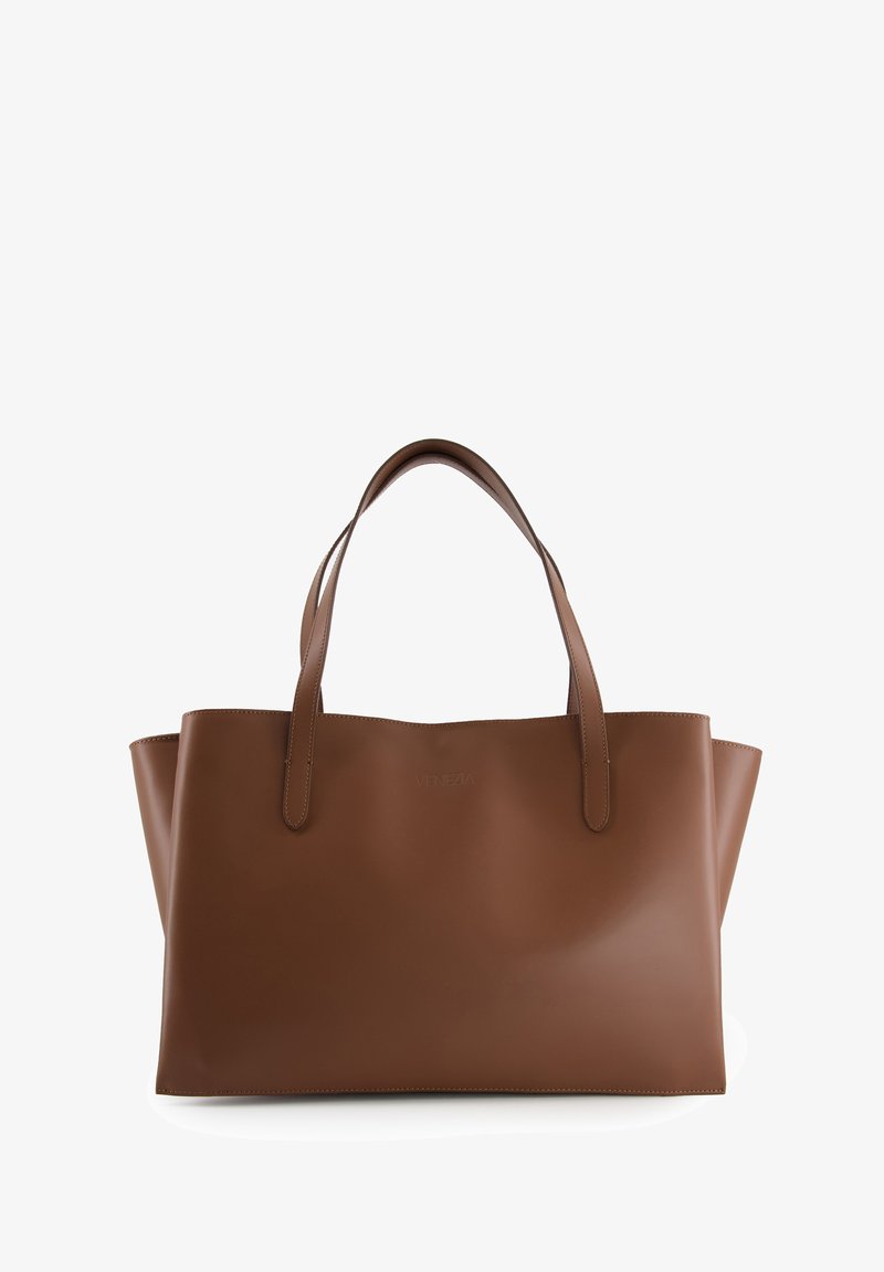 Brown leather tote bag with two sturdy handles, a smooth texture, and a rectangular shape. Features embossed "VENEZIA" logo on front.