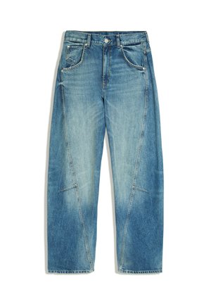 Niebieskie, prane jeansy z denimu o szerokich nogawkach, przednich kieszeniach, szlufkach na pasek i widocznych detalach szwów na udach i kolanach.