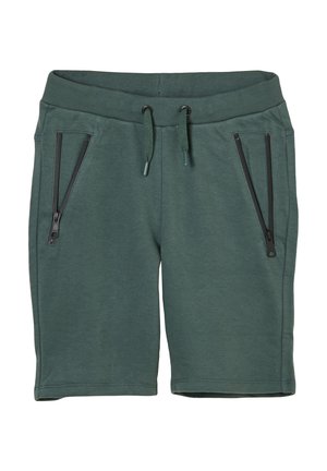 Dunkelgrüne knielange Shorts mit elastischem Bund, Kordelzug und zwei vorderen Reißverschlusstaschen.
