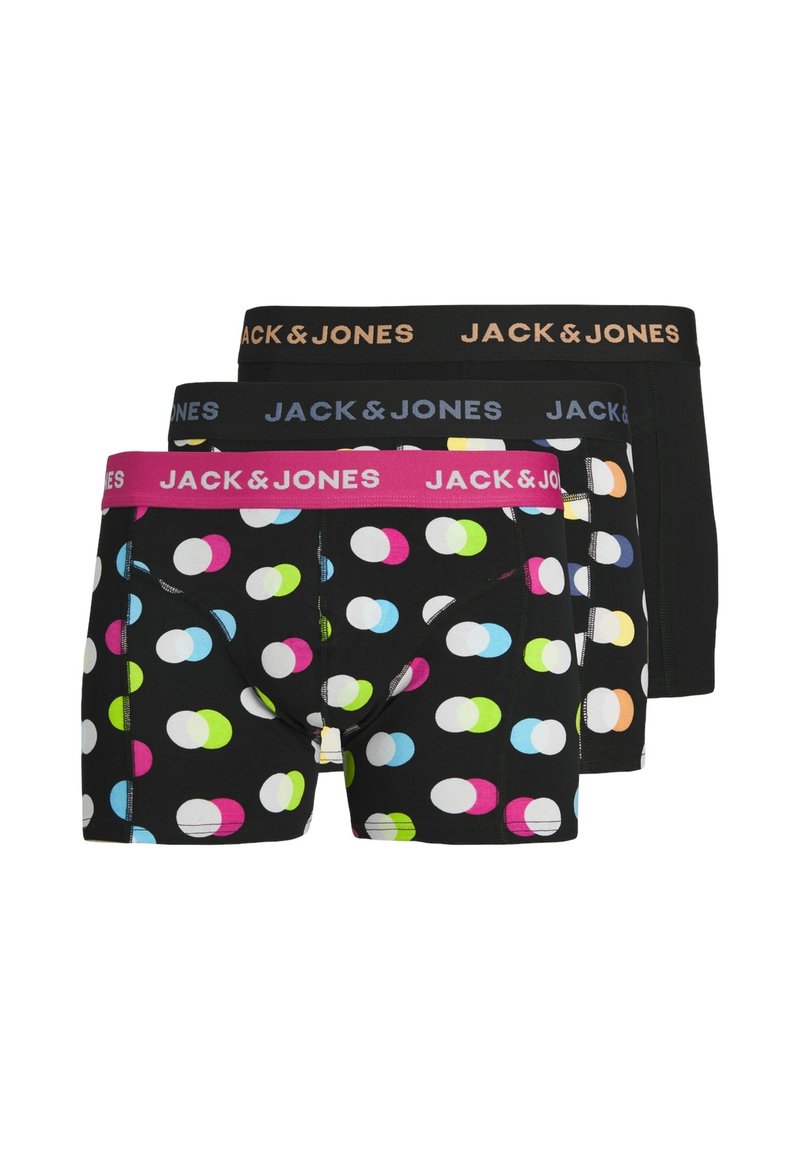 Three pairs of men's boxer briefs featuring a black base with multicolored polka dots, elastic waistbands in pink, blue, and black with branding.