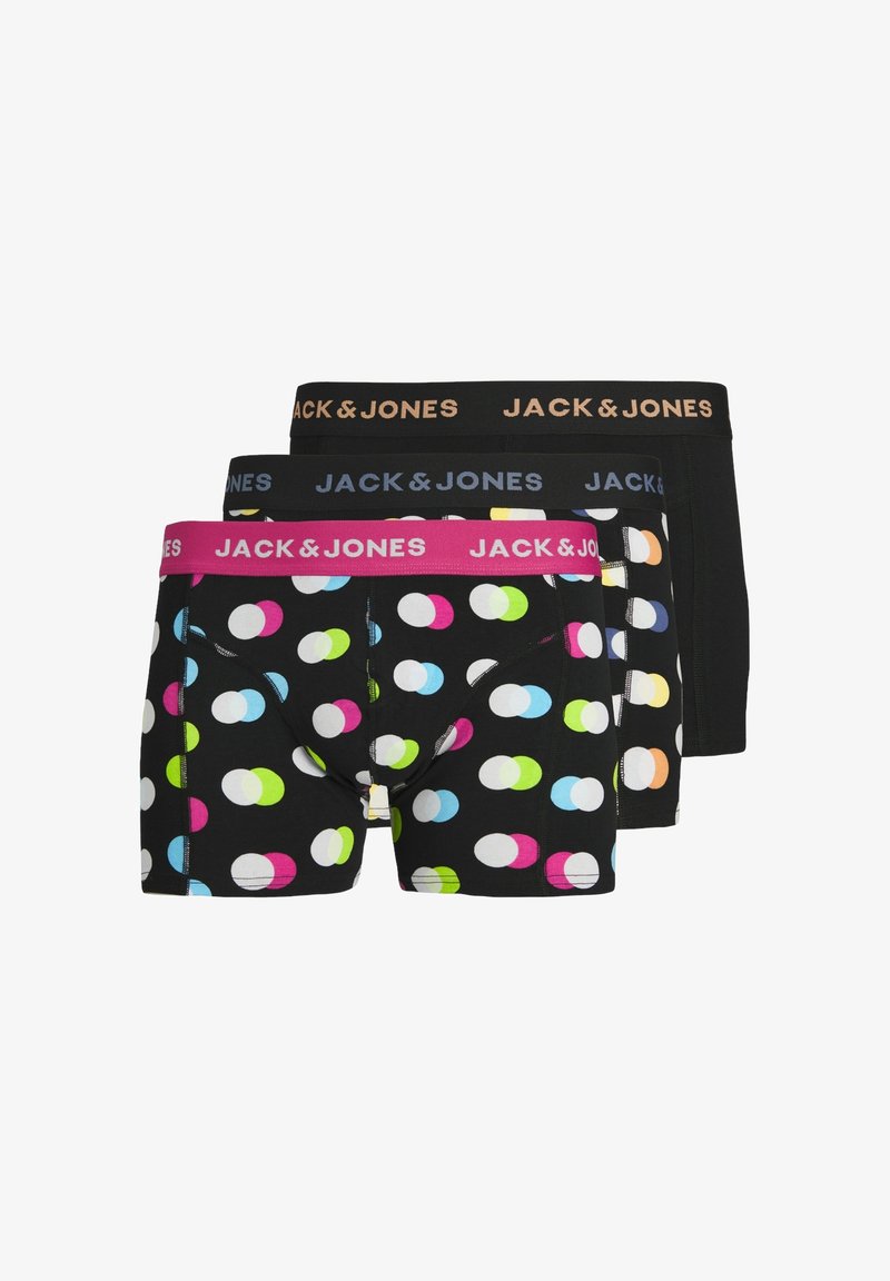 Three pairs of men's boxer briefs featuring a black base with multicolored polka dots, elastic waistbands in pink, blue, and black with branding.