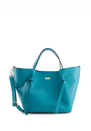 Teal leather tote bag with dual top handles and an adjustable shoulder strap. Features a red interior, textured surface, and gold hardware.