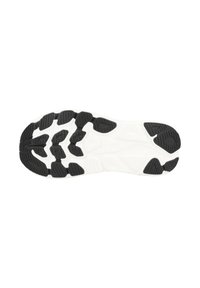 Semelle de chaussure de course en noir et blanc, dotée d'un caoutchouc texturé pour l'adhérence, de motifs de semelle distinctifs et d'une zone intermédiaire rembourrée.