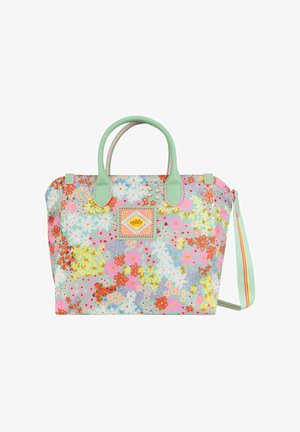Bolso tote impreso con flores en tonos pastel, con asas y acentos en verde menta, correa de hombro desmontable y parche de marca.