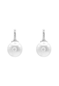 Boucles d'oreilles en forme de goutte de perles blanches avec un réglage en métal poli, d'une forme ronde et lisse, offrant un éclat subtil.