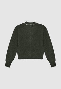 Dunkelgrüner, kurz geschnittener Pullover mit langen Ärmeln und einem Kettendetail am Kragen. Aus strukturiertem, weichem Stoff gefertigt.