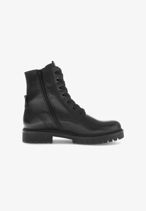 Black leather ankle boots with a rounded toe, lace-up front, side zipper, textured accents, and a chunky rubber sole.