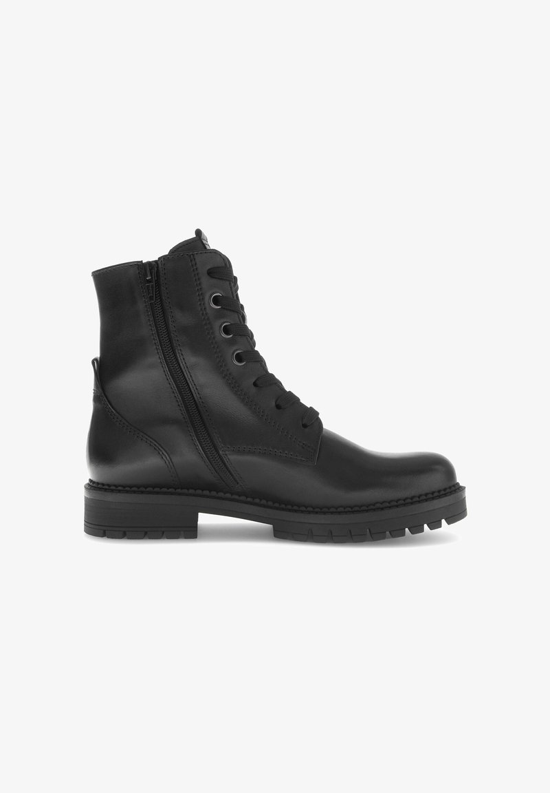 Black leather ankle boots with a rounded toe, lace-up front, side zipper, textured accents, and a chunky rubber sole.