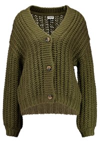 Olivově zelený pletený svetr na knoflíky, s výstřihem do V, texturovaným vzorem, dlouhými rukávy a pěti velkými kulatými knoflíky vpředu.