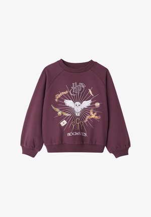 Maroon sweatshirt with ribbed cuffs and waistband. Features a graphic design of an owl and various magical items, labeled "HOGWARTS."