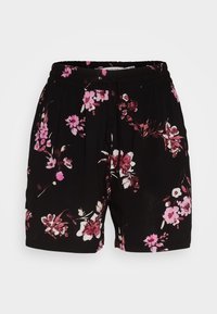Short noir avec taille élastique et imprimé floral rose, avec cordon de serrage à l'avant.