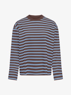 Langarmshirt mit horizontalen braunen und hellblauen Streifen, Rundhalsausschnitt und lockerem Sitz.