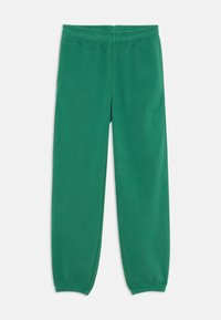 Pantalons de survêtement verts en tissu doux. Dotés d'une taille élastique et de poignet resserré au niveau de la cheville. Design simple sans motifs visibles.