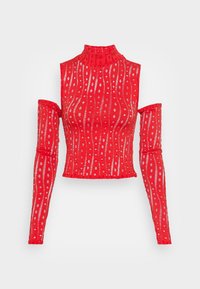 Red long-sleeve top with a high mock neck, cut-out shoulders, textured pattern, and fitted silhouette featuring alternating vertical stripes.