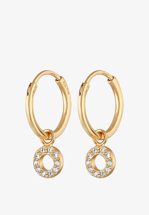Pendientes de aro en tono dorado con un charm circular, adornados con cristales claros y un acabado pulido. Cuentan con un mecanismo de cierre seguro.