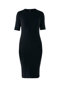 Pletené černé šaty s ribovanou texturou, krátkými rukávy, kulatým výstřihem a přiléhavým střihem, obsahující detaile s bočními panely.