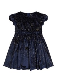 Mörkblå sammetklänning med gyllene glittror, korta puffärmar och elastiskt midjeband. Utsvängd kjol med rynkad struktur och en etikettaccent.