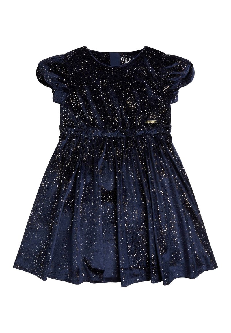 Mörkblå sammetklänning med gyllene glittror, korta puffärmar och elastiskt midjeband. Utsvängd kjol med rynkad struktur och en etikettaccent.