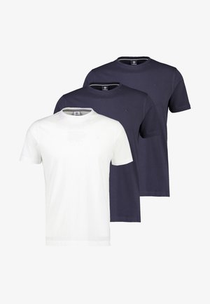 Drei schlichte Kurzarm-T-Shirts mit Rundhalsausschnitt, zwei in Marineblau und eins in Weiß, überlappend auf einem weißen Hintergrund angeordnet.