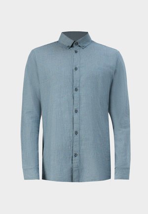 Light blue checkered shirt made of cotton with a button-down collar, single chest pocket, and long sleeves with buttoned cuffs.