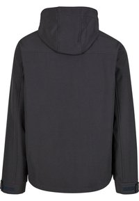 Fekete kapucnis dzseki sima, matt textúrával, hosszú ujjakkal és állítható mandzsettákkal. Egyszerű kialakítás, látható logók vagy minták nélkül.