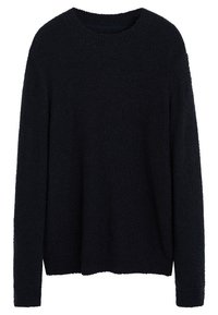 Maglione nero a maniche lunghe con collo rotondo, realizzato in un tessuto morbido e peloso, presentato su uno sfondo bianco.