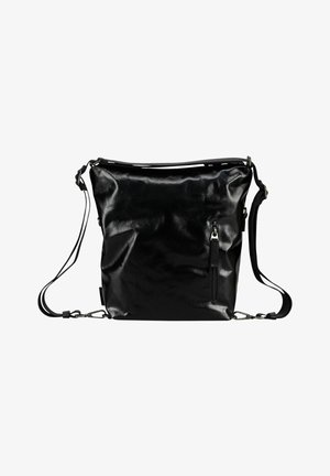 Sac bandoulière en cuir noir lisse avec sangle réglable et poche zippée verticale à l'avant, présenté sur fond blanc.