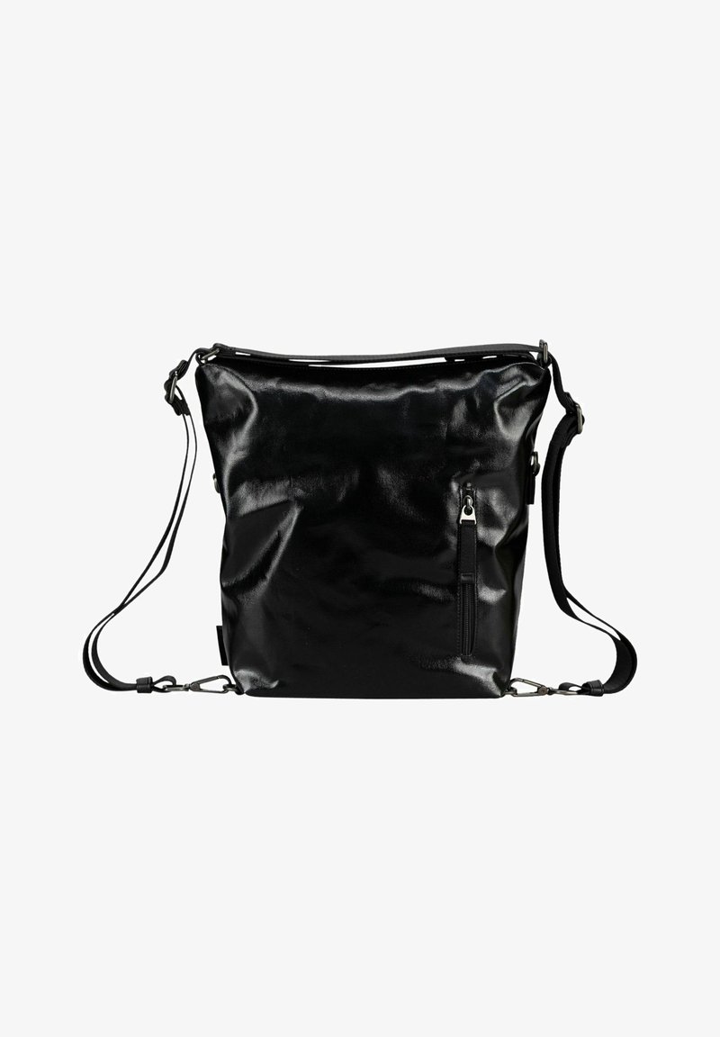 Sac bandoulière en cuir noir lisse avec sangle réglable et poche zippée verticale à l'avant, présenté sur fond blanc.
