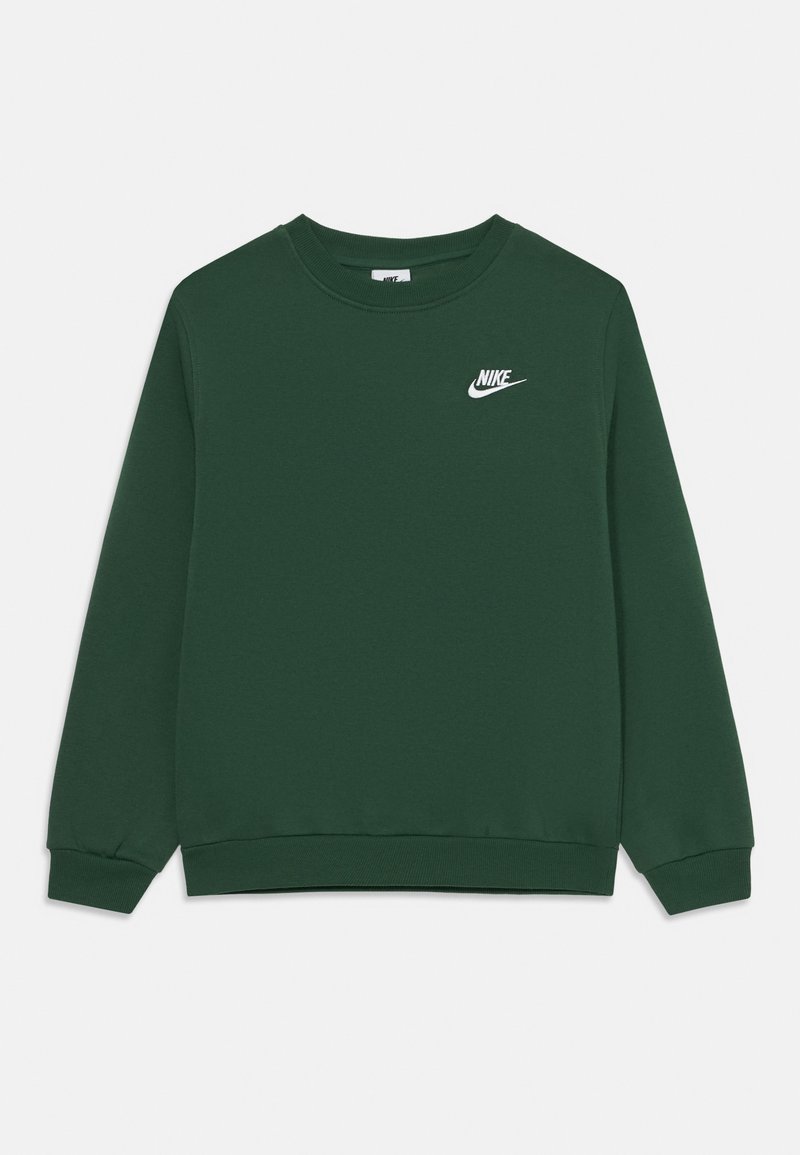 Zelená mikina vyrobená z měkké tkaniny, s kulatým výstřihem a dlouhými rukávy. Na horním levém rohu je umístěno bílé logo Nike.