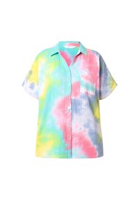Camicia a maniche corte con colletto in motivo tie-dye con colori pastello tra cui rosa, blu, verde e giallo; tessuto testurizzato; una tasca sul petto.