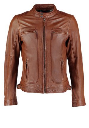 Veste en cuir marron avec fermeture éclair à l'avant, col haut, deux poches zippées sur la poitrine et poches latérales. Présente une coupe ajustée et une texture lisse.