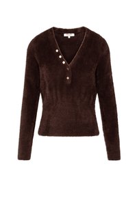 Bruine, zachte trui met lange mouwen, een V-hals en vijf decoratieve knopen aan de voorkant. Strakke pasvorm, zachte textuur.