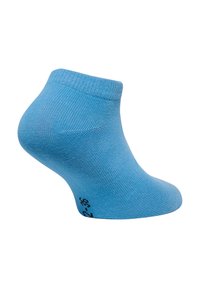 Ljusblå ankelstrumpa tillverkad av mjukt, stretchat tyg, med en ribbad mudd och en texturerad design längs kroppen. Inkluderar logodetalj.