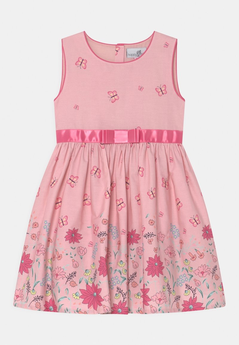 Różowa sukienka bez rękawów z motylimi i kwiatowymi wzorami, z satynowym pasem w talii i kokardą. Wykonana z miękkiego, lekkiego materiału.