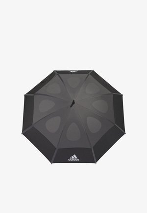 Zwarte geventileerde paraplu met acht panelen, met een gladde matte textuur, subtiele druppelvormige patronen en een wit Adidas-logo aan de onderkant.