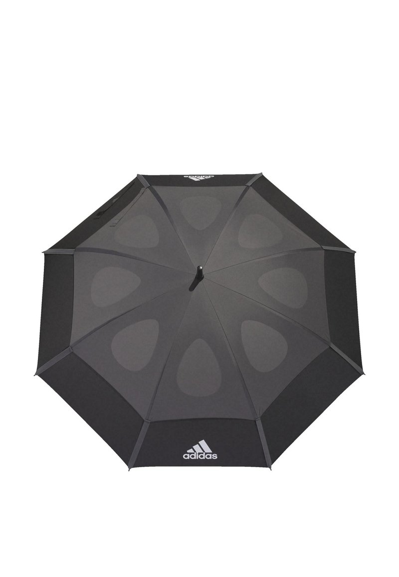 Black vented umbrella with eight panels, featuring a smooth matte texture, subtle drop shape patterns, and a white Adidas logo at the bottom.